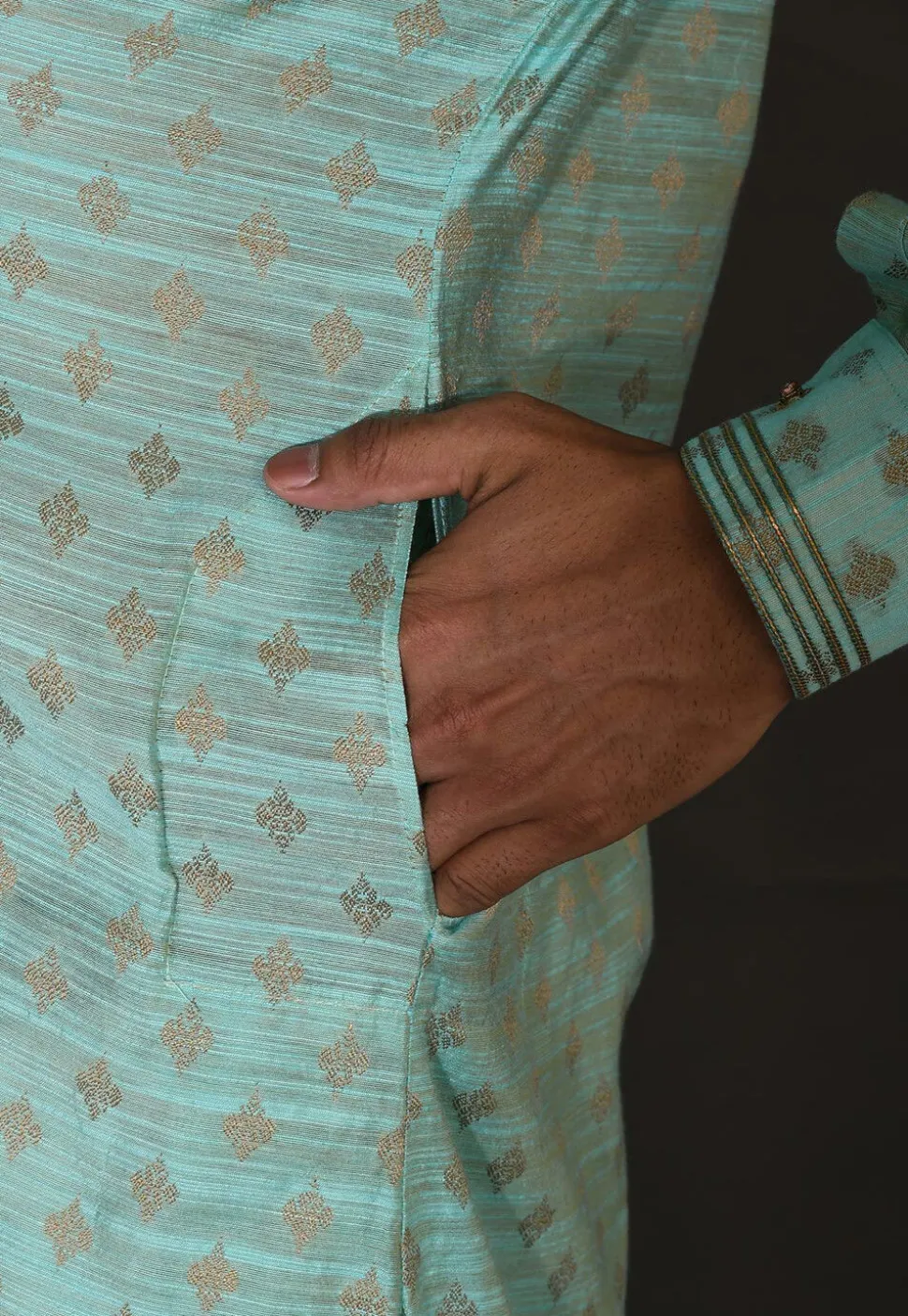Embroidered Neckline Cotton Silk Kurta Set in Turquoise