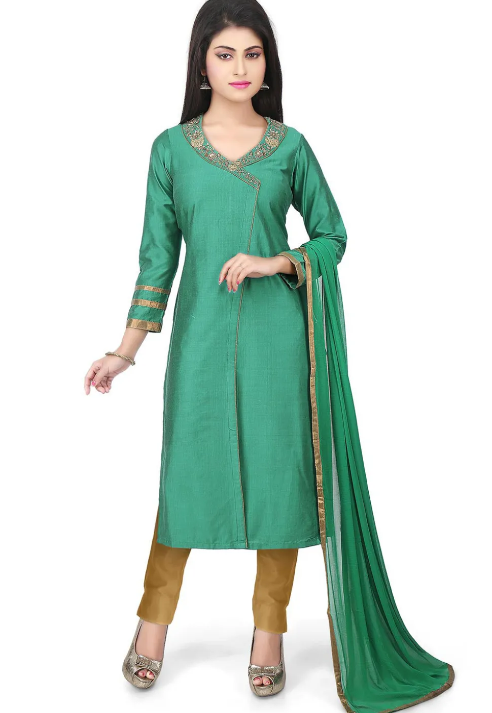 Embroidered Neckline Cotton Silk Angrakha Style Suit Green