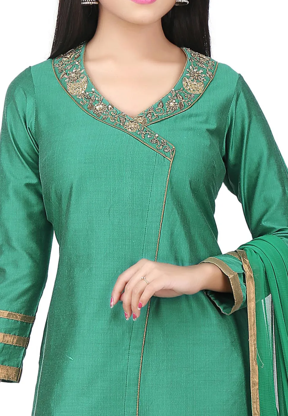 Embroidered Neckline Cotton Silk Angrakha Style Suit Green
