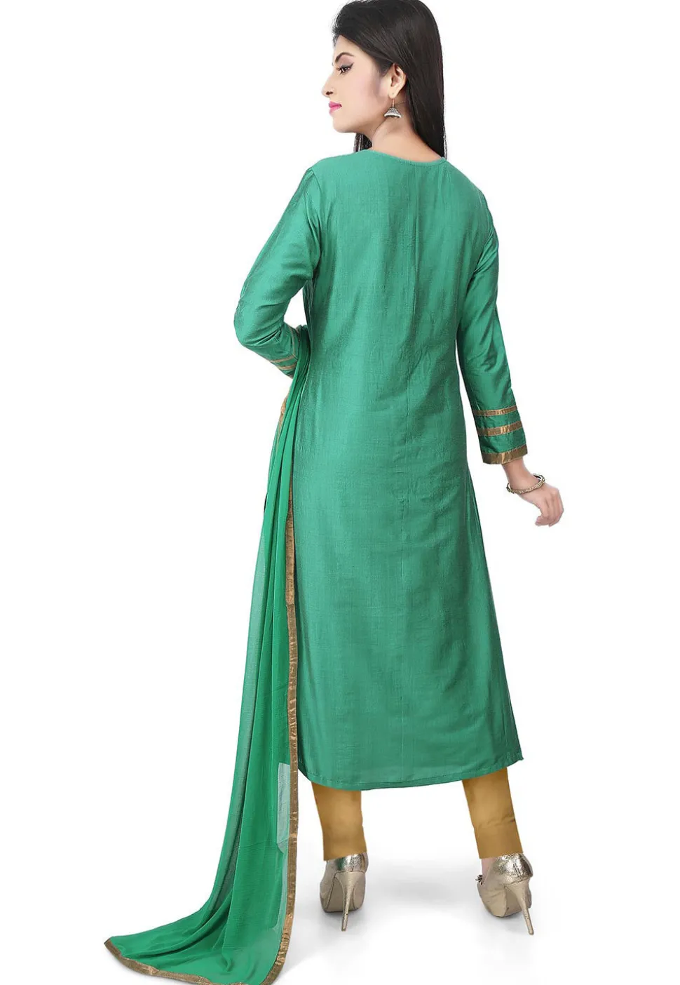 Embroidered Neckline Cotton Silk Angrakha Style Suit Green