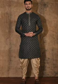 Embroidered Neckline Cotton Silk Jacquard Kurta Set in Black