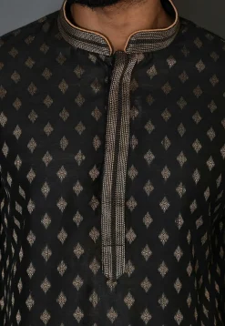 Embroidered Neckline Cotton Silk Jacquard Kurta Set in Black