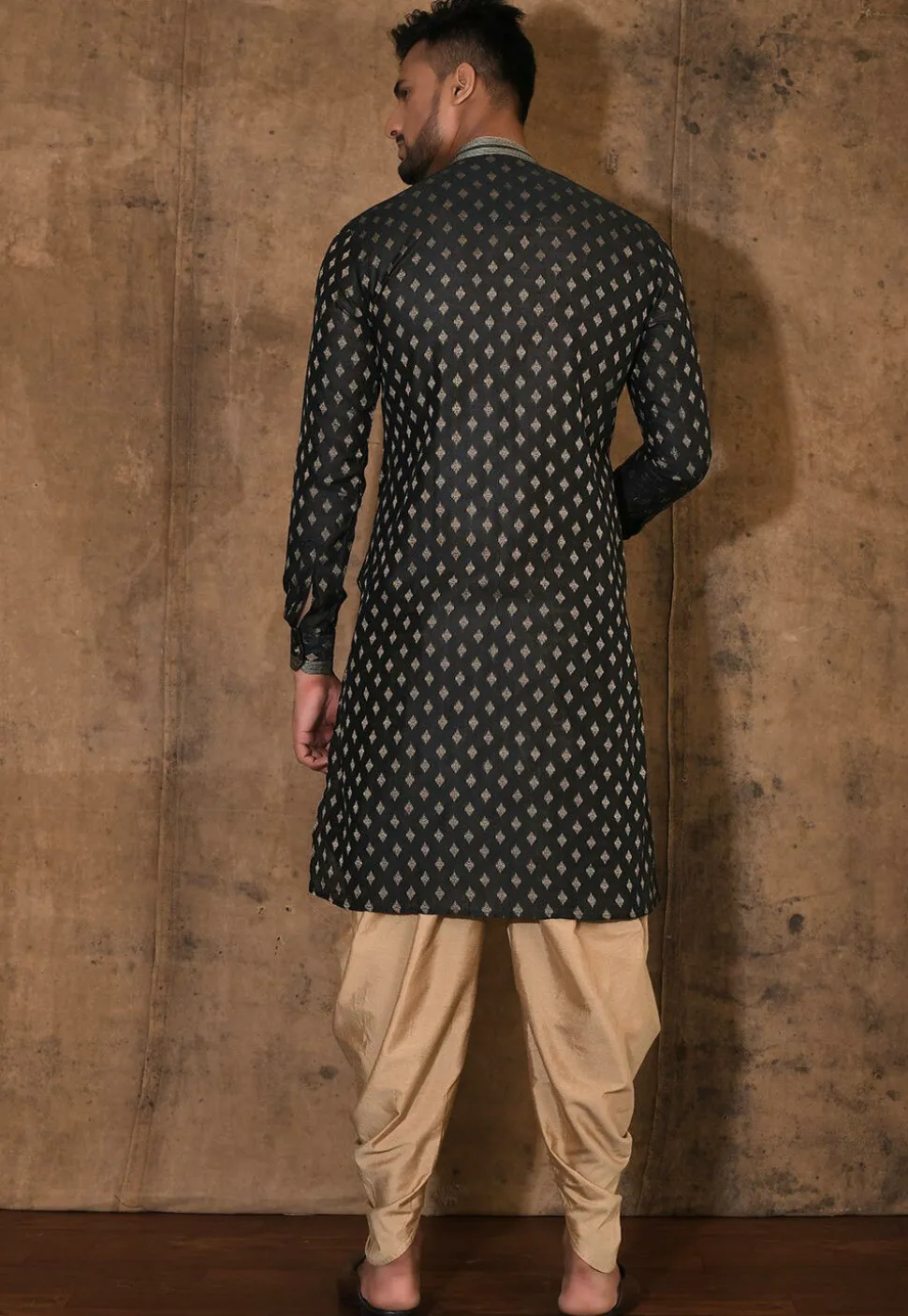 Embroidered Neckline Cotton Silk Jacquard Kurta Set in Black