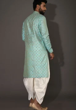 Embroidered Neckline Cotton Silk Dhoti Kurta in Turquoise