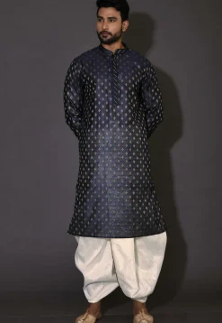 Embroidered Neckline Cotton Silk Dhoti Kurta in Navy Blue
