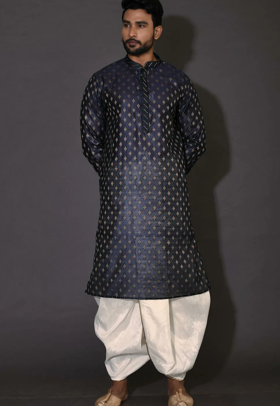 Embroidered Neckline Cotton Silk Dhoti Kurta in Navy Blue