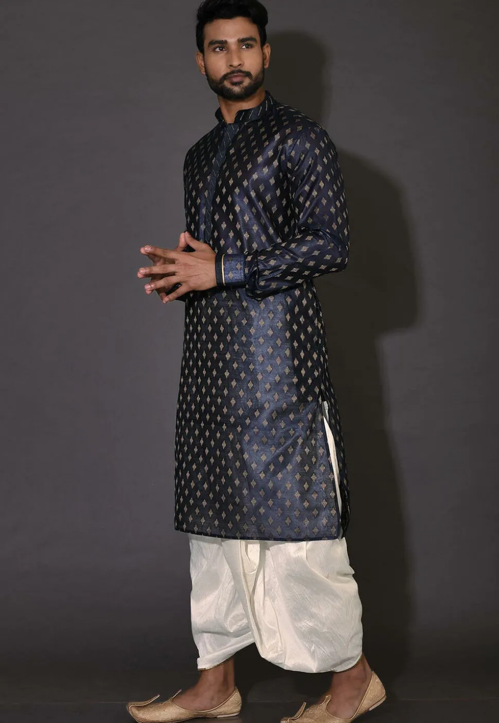Embroidered Neckline Cotton Silk Dhoti Kurta in Navy Blue