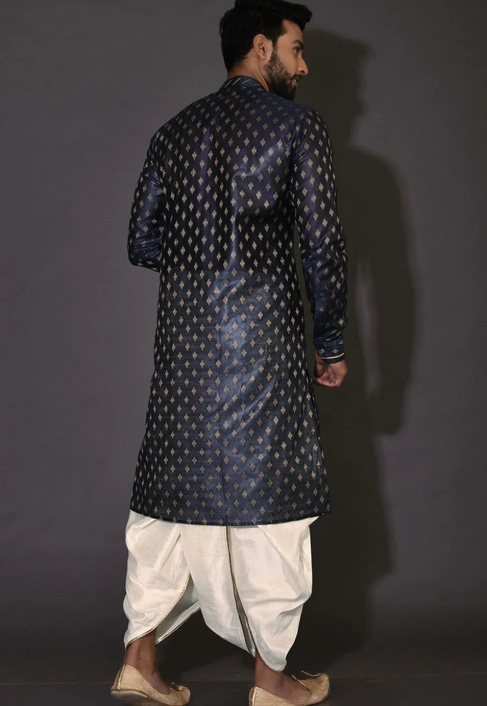 Embroidered Neckline Cotton Silk Dhoti Kurta in Navy Blue
