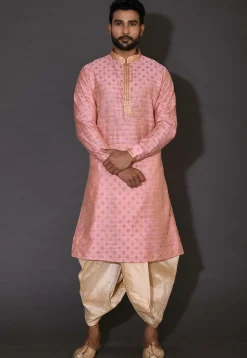 Embroidered Neckline Cotton Silk Jacquard Dhoti Kurta in Pink