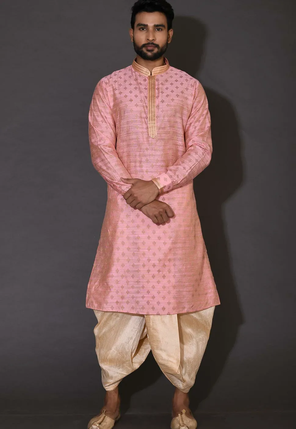 Embroidered Neckline Cotton Silk Jacquard Dhoti Kurta in Pink
