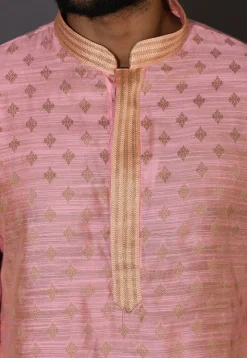 Embroidered Neckline Cotton Silk Jacquard Dhoti Kurta in Pink