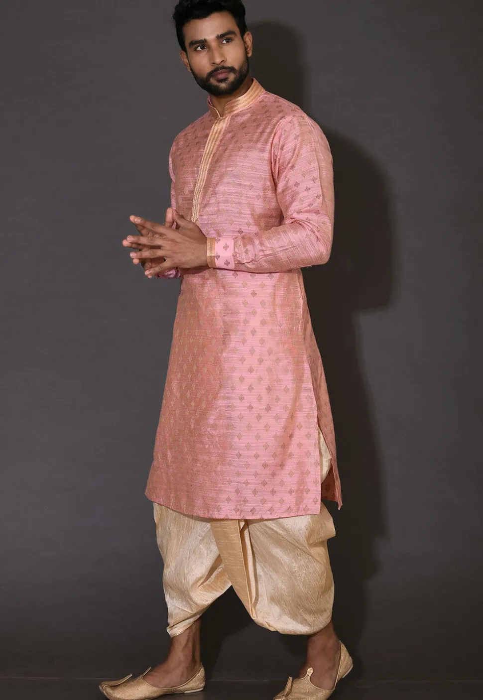 Embroidered Neckline Cotton Silk Jacquard Dhoti Kurta in Pink