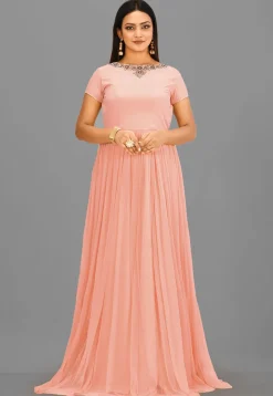 Embroidered Neckline Crepe and Net Gown in Peach