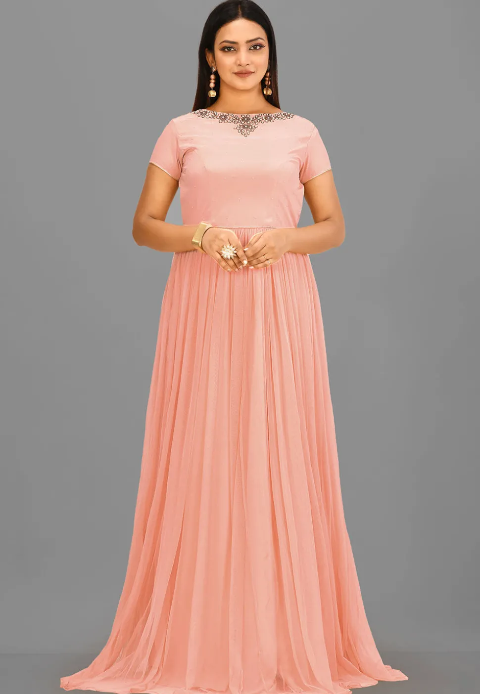 Embroidered Neckline Crepe and Net Gown in Peach