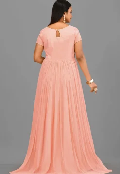 Embroidered Neckline Crepe and Net Gown in Peach