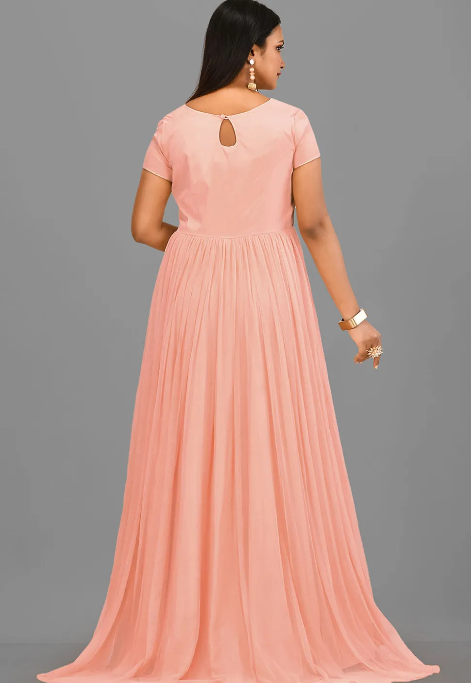 Embroidered Neckline Crepe and Net Gown in Peach