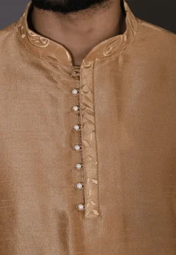 Embroidered Neckline Dupion Silk Dhoti Kurta in Dark Beige
