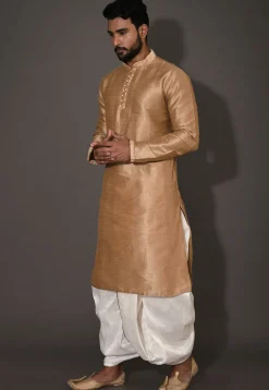 Embroidered Neckline Dupion Silk Dhoti Kurta in Dark Beige