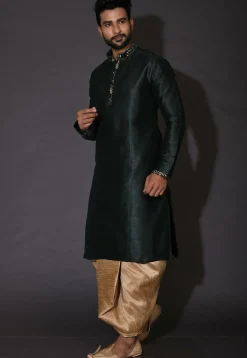 Embroidered Neckline Dupion Silk Dhoti Kurta in Dark Green