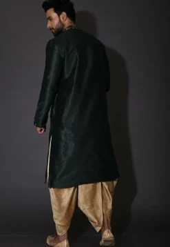 Embroidered Neckline Dupion Silk Dhoti Kurta in Dark Green