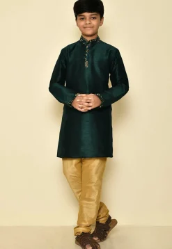 Embroidered Neckline Dupion Silk Kurta Set in Dark Green