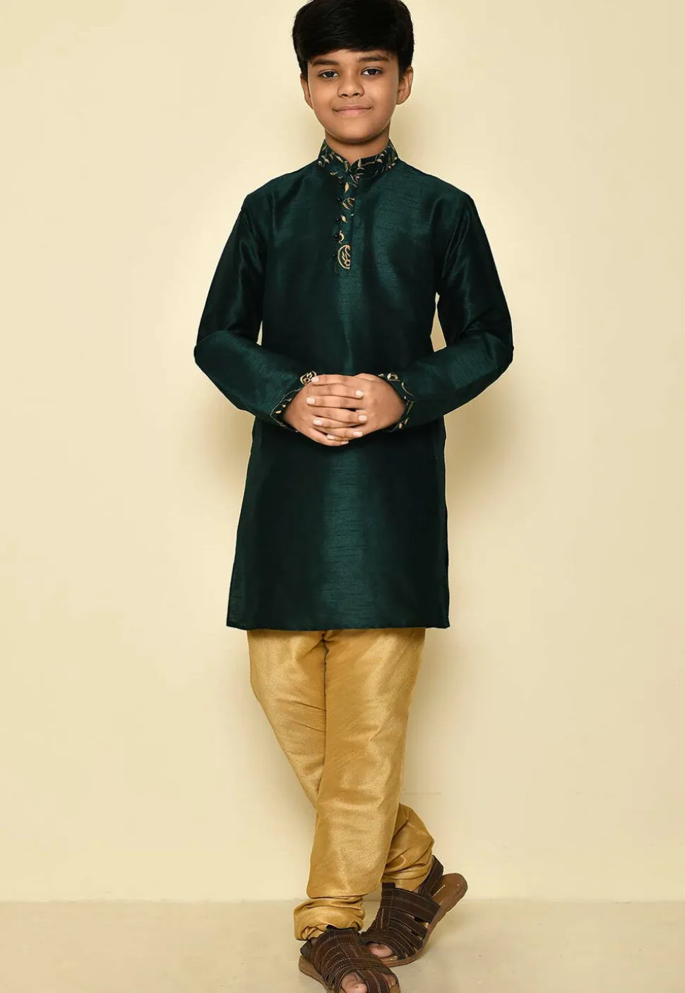 Embroidered Neckline Dupion Silk Kurta Set in Dark Green