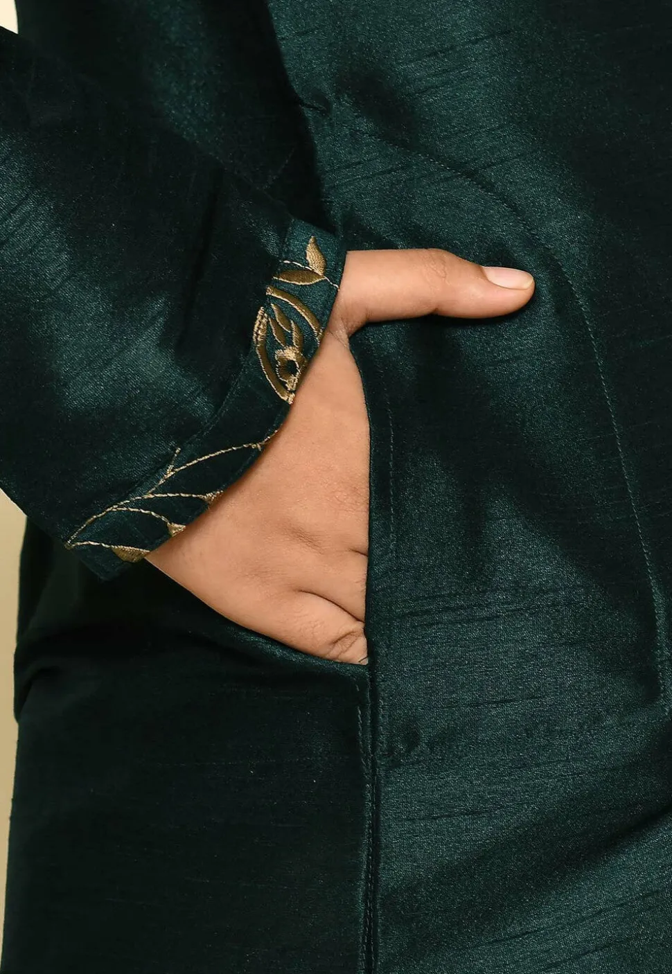 Embroidered Neckline Dupion Silk Kurta Set in Dark Green