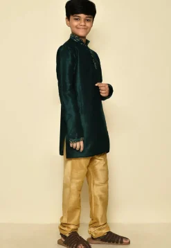 Embroidered Neckline Dupion Silk Kurta Set in Dark Green