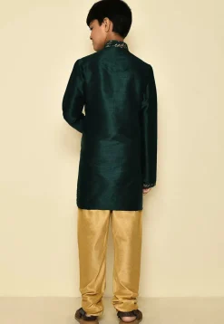 Embroidered Neckline Dupion Silk Kurta Set in Dark Green