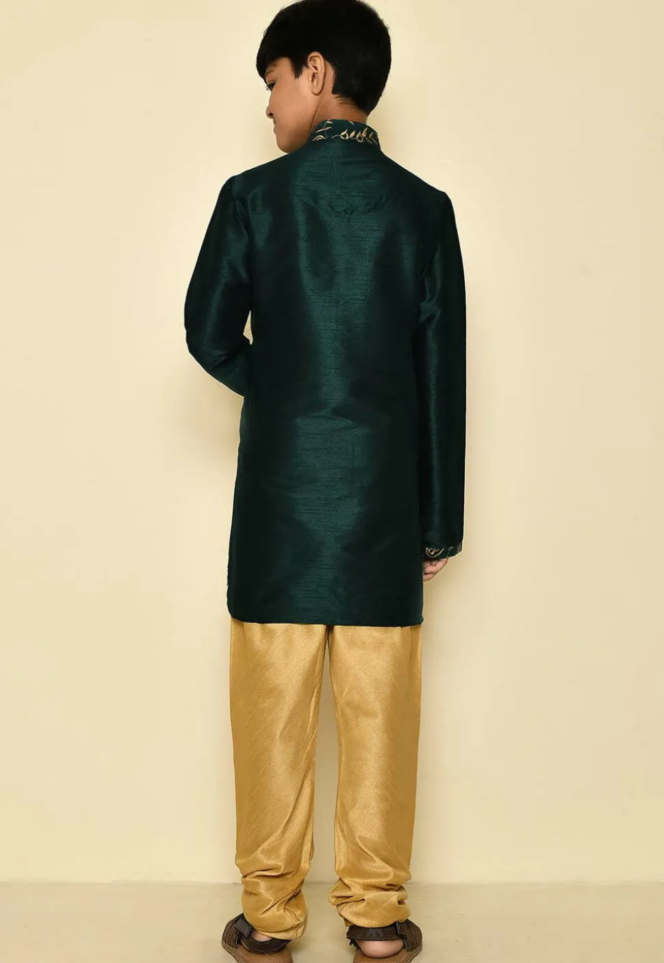 Embroidered Neckline Dupion Silk Kurta Set in Dark Green