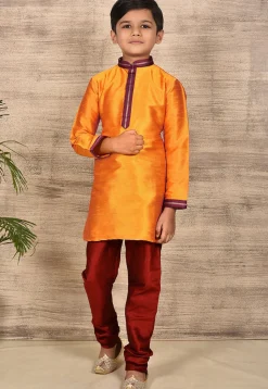 Embroidered Neckline Dupion Silk Kurta Set in Mustard