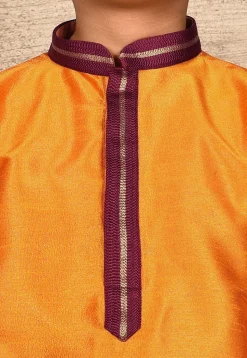 Embroidered Neckline Dupion Silk Kurta Set in Mustard