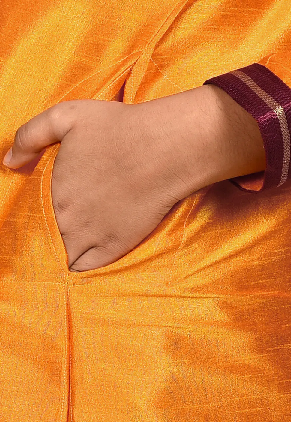 Embroidered Neckline Dupion Silk Kurta Set in Mustard