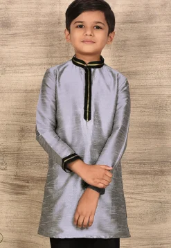 Embroidered Neckline Dupion Silk Kurta in Grey