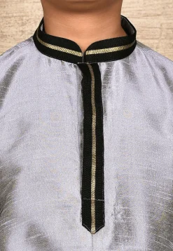 Embroidered Neckline Dupion Silk Kurta in Grey