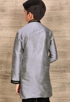 Embroidered Neckline Dupion Silk Kurta in Grey