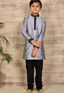 Embroidered Neckline Dupion Silk Kurta in Grey