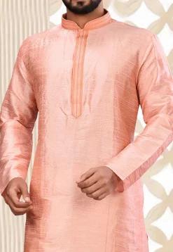 Embroidered Neckline Dupion Silk Kurta Set in Light Peach