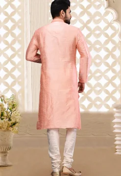 Embroidered Neckline Dupion Silk Kurta Set in Light Peach