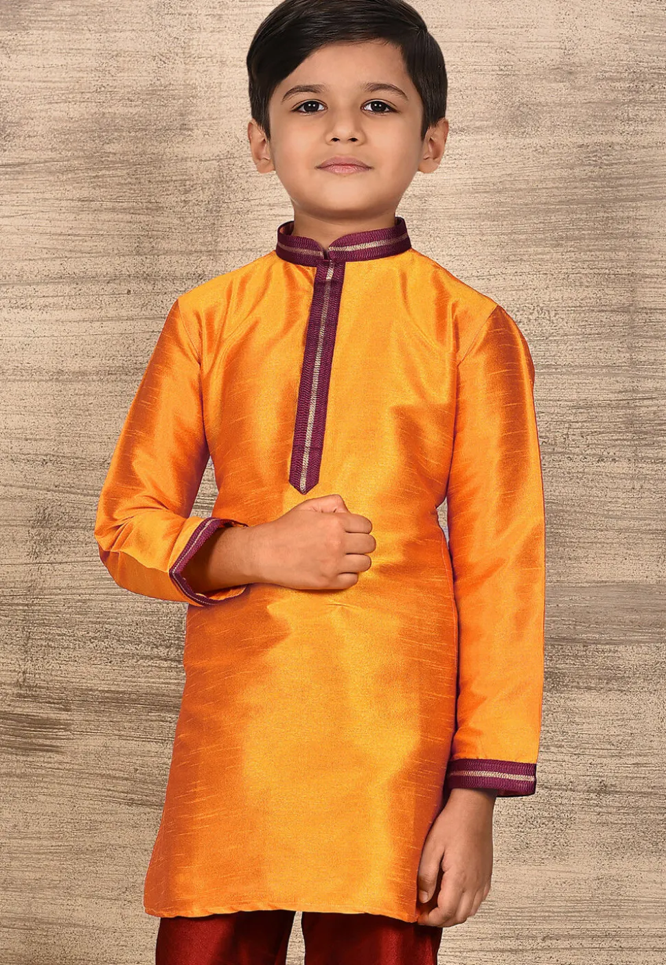 Embroidered Neckline Dupion Silk Kurta in Mustard