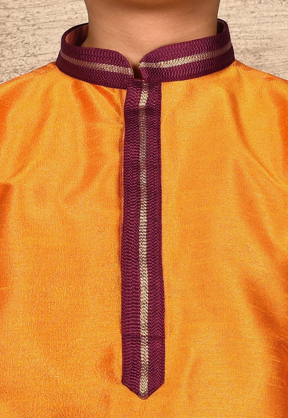 Embroidered Neckline Dupion Silk Kurta in Mustard