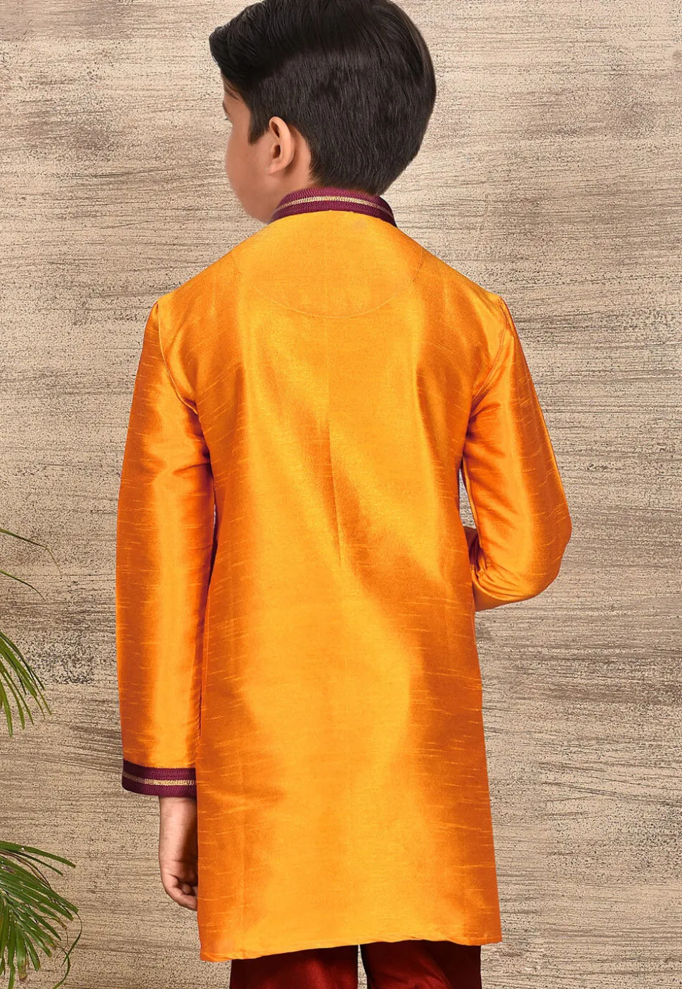 Embroidered Neckline Dupion Silk Kurta in Mustard