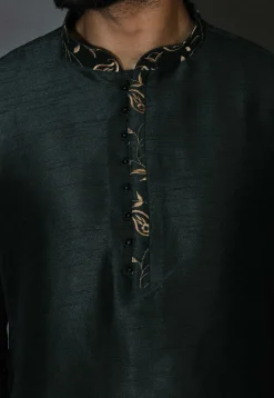 Embroidered Neckline Dupion Silk Kurta Set in Dark Green