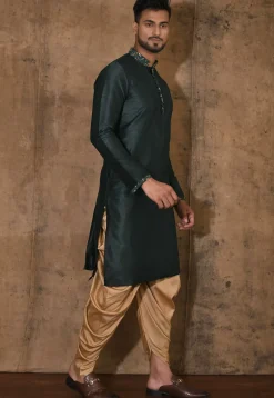 Embroidered Neckline Dupion Silk Kurta Set in Dark Green