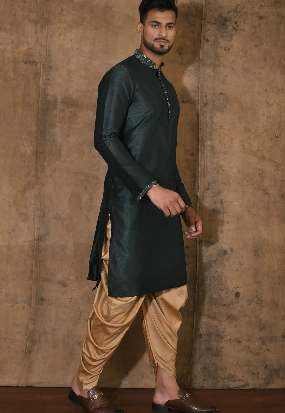 Embroidered Neckline Dupion Silk Kurta Set in Dark Green