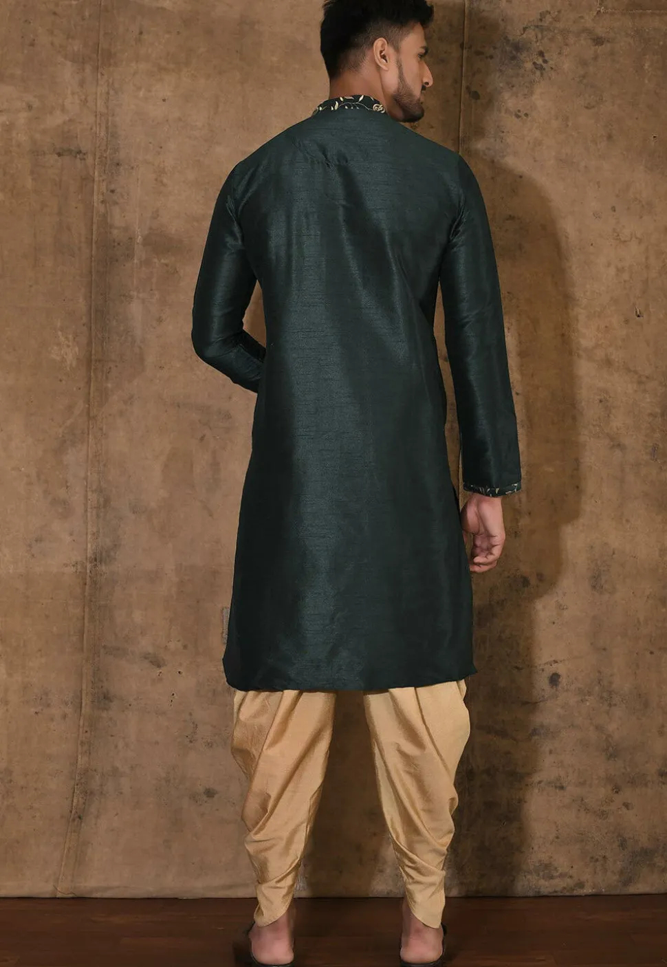 Embroidered Neckline Dupion Silk Kurta Set in Dark Green