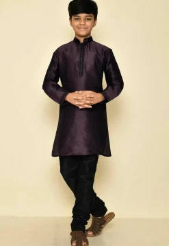 Embroidered Neckline Dupion Silk Kurta Set in Wine