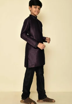 Embroidered Neckline Dupion Silk Kurta Set in Wine