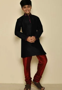 Embroidered Neckline Dupion Silk Kurta Set in Black