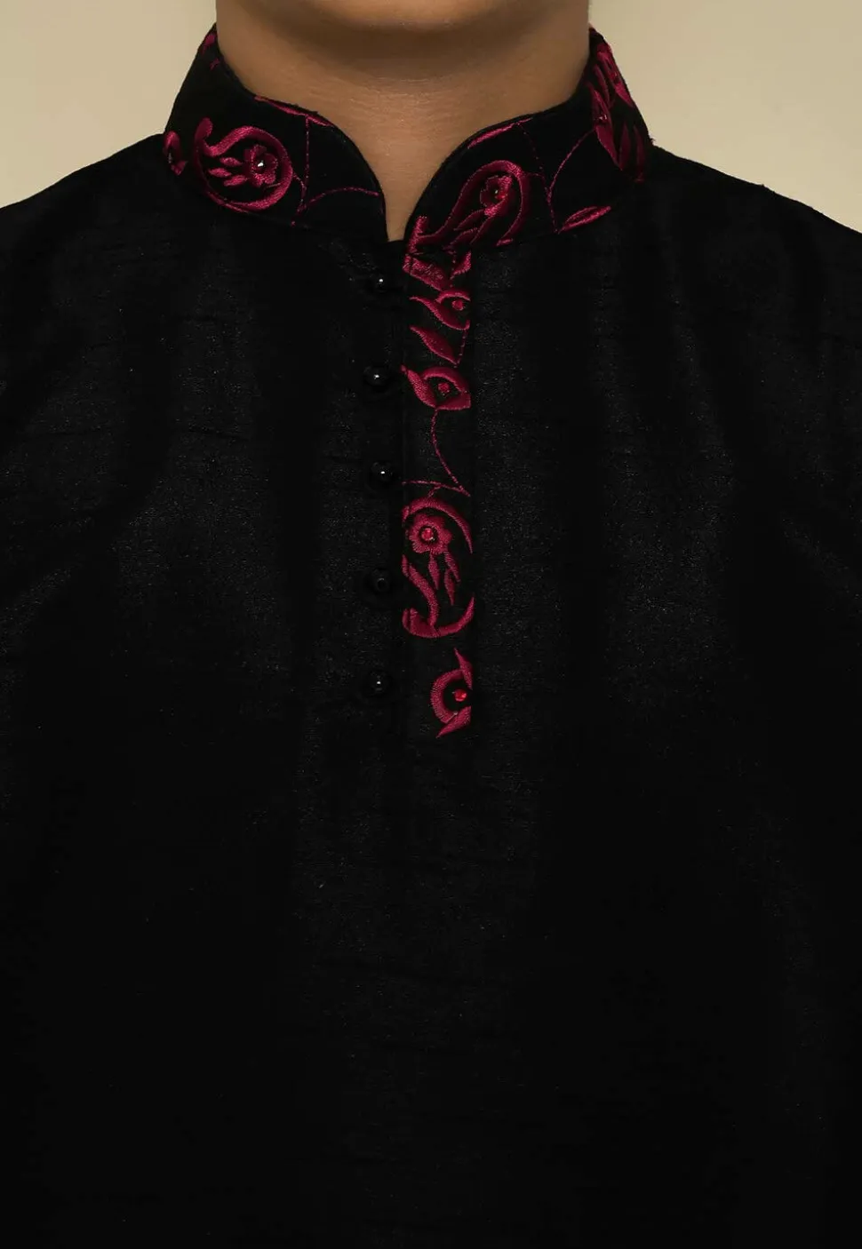 Embroidered Neckline Dupion Silk Kurta Set in Black